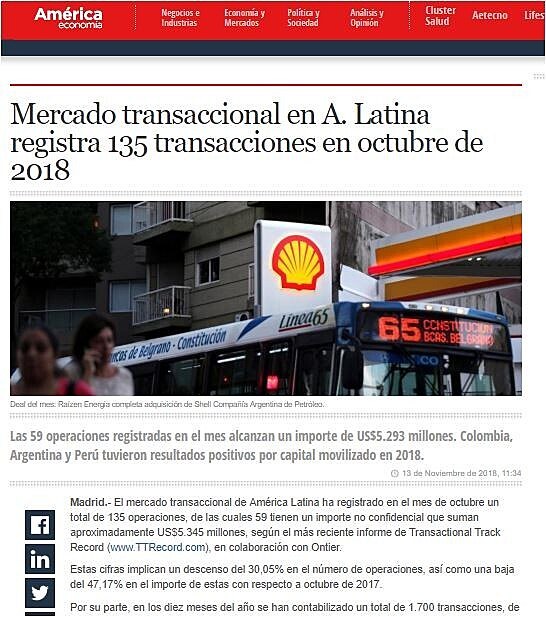 Mercado transaccional en A. Latina registra 135 transacciones en octubre de 2018